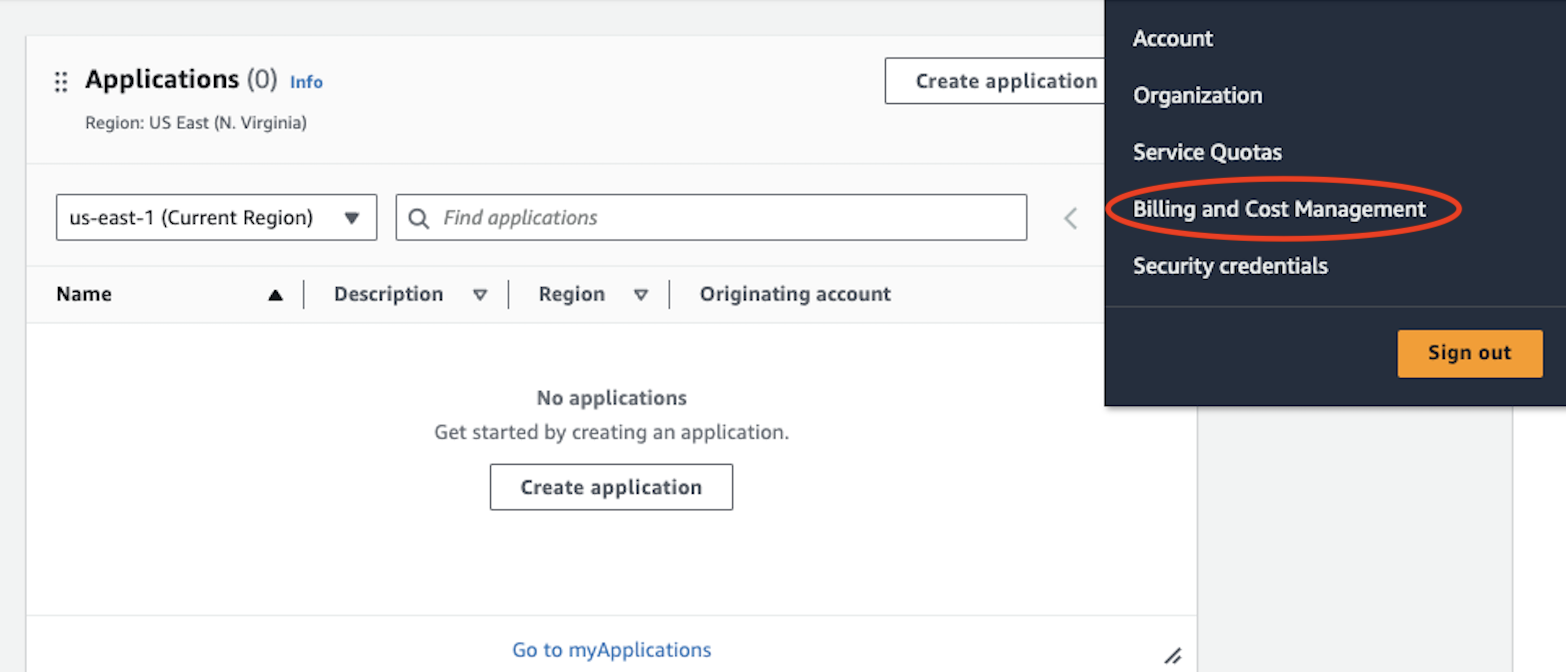 A photo of the AWS drop-down in console